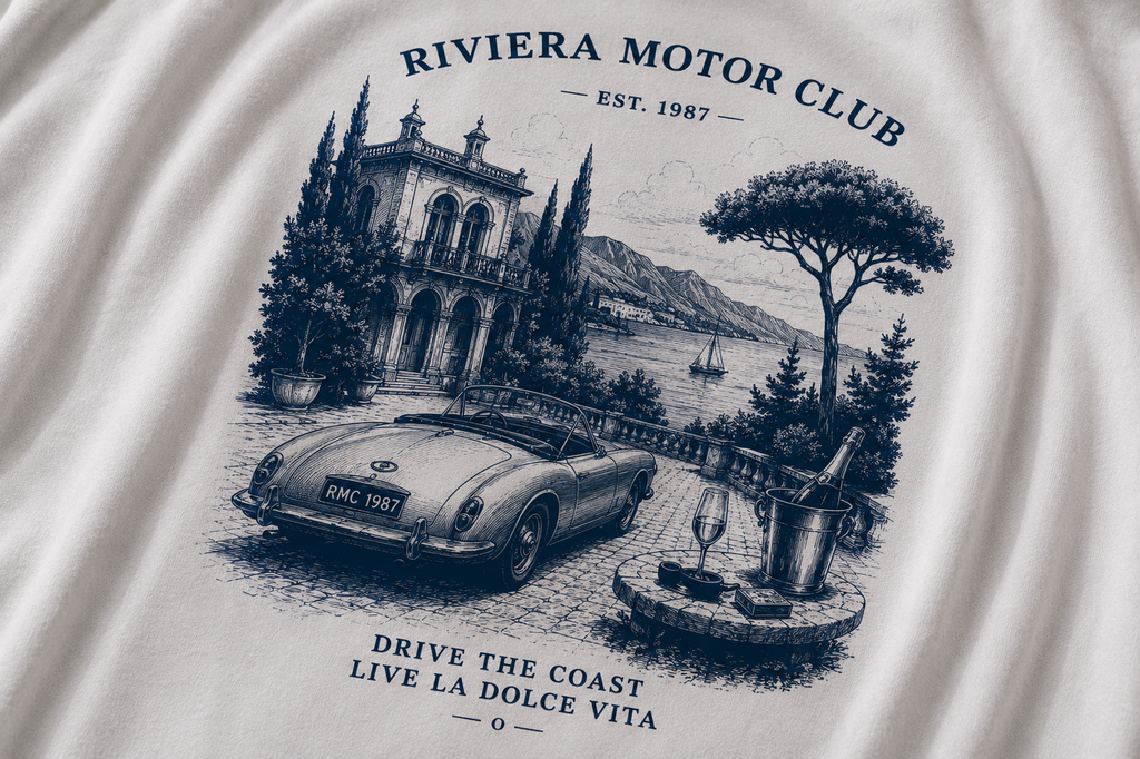 Riviera Motor Club Tee – Vintage Coastal Sports Car Graphic T-Shirt