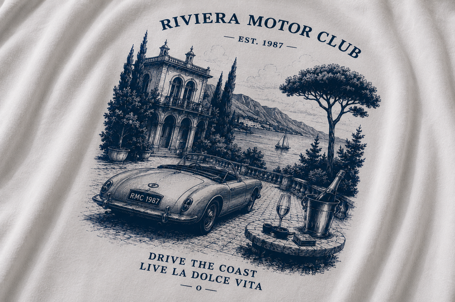 Riviera Motor Club Tee – Vintage Coastal Sports Car Graphic T-Shirt