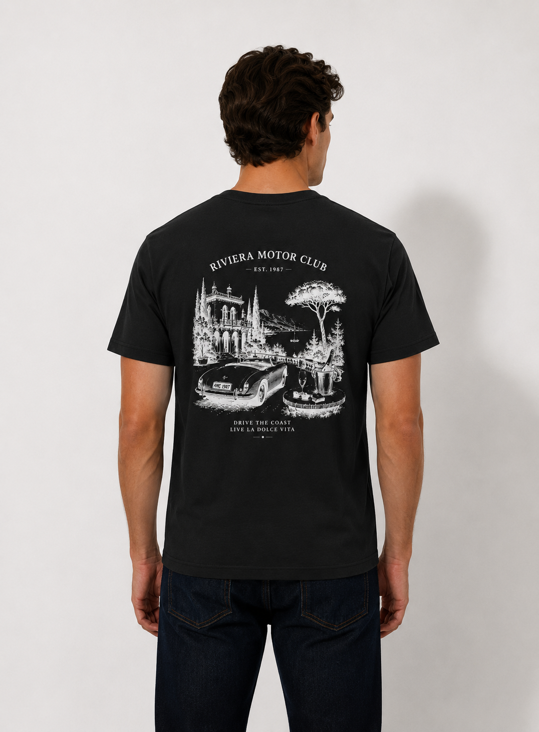 Riviera Motor Club Tee – Vintage Coastal Sports Car Graphic T-Shirt