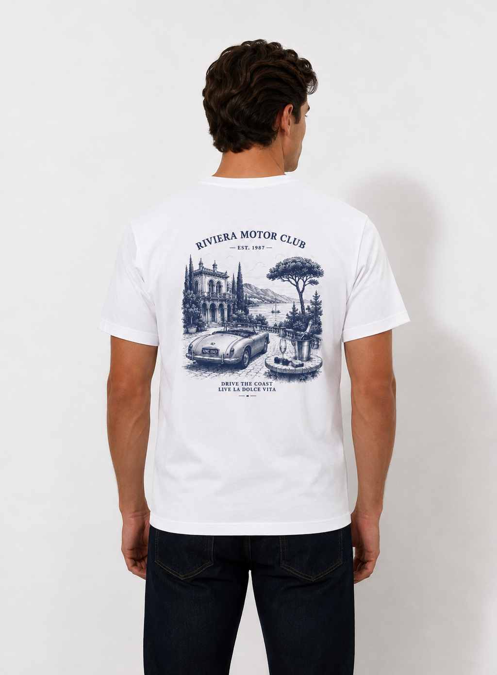 Riviera Motor Club Tee – Vintage Coastal Sports Car Graphic T-Shirt